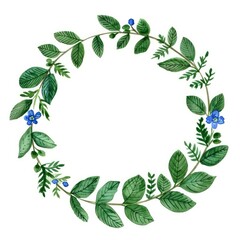 Delicate Watercolor Leafy Wreath with Blue Flowers on White Background