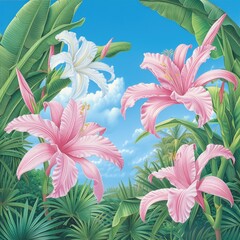 Vibrant Tropical Flowers with Lush Greenery Against a Bright Blue Sky
