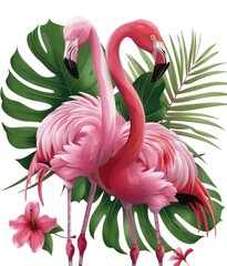 Two Pink Flamingos Surrounded by Tropical Leaves and Flowers in Vibrant Colors