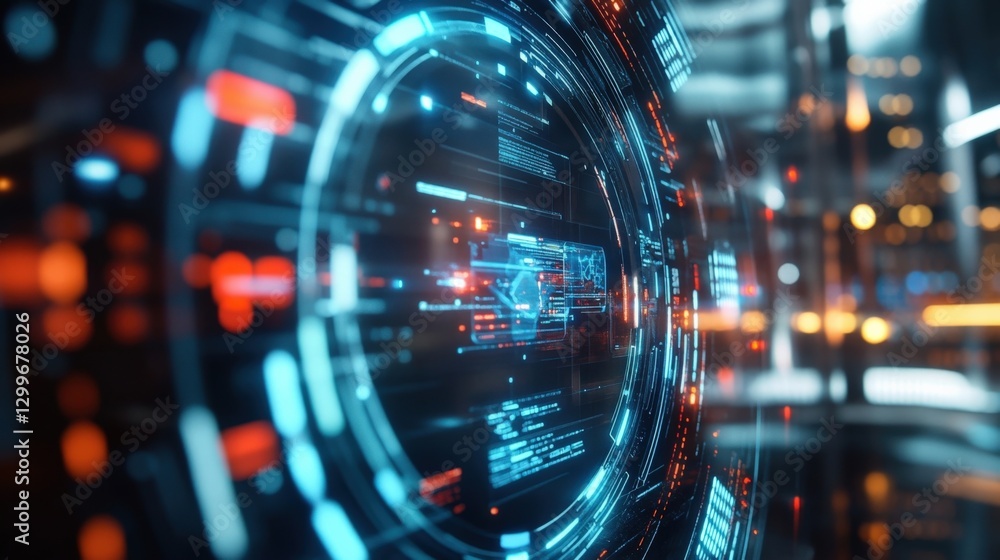 Poster futuristic heads up display - hud - showcasing intricate data visualizations and code, representing 