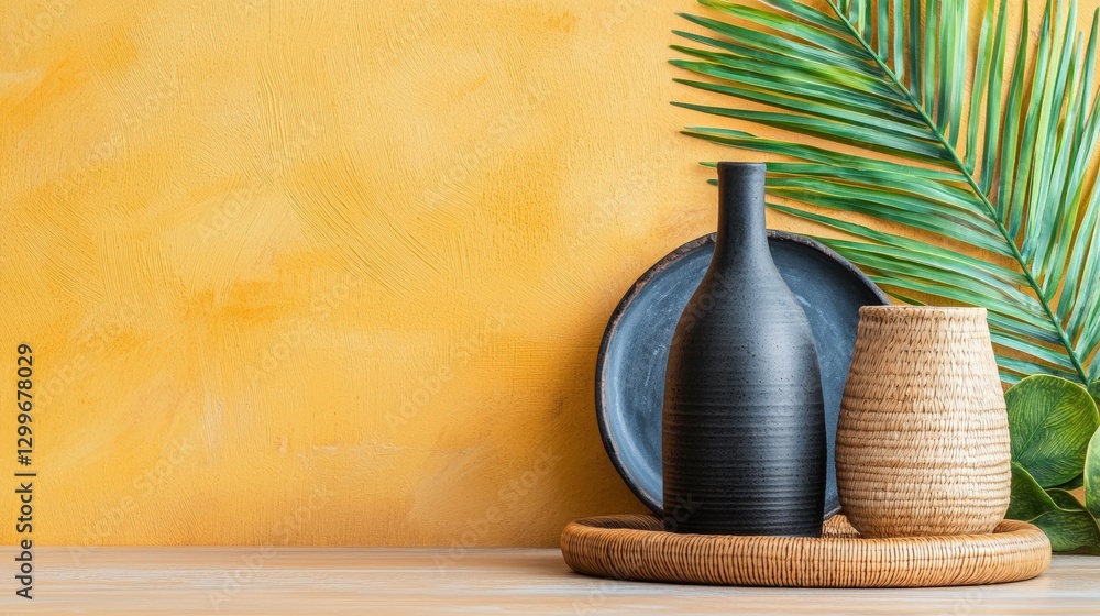 Poster stylish vase holding a large palm leaf creating a unique and tropical atmosphere in an elegant inter