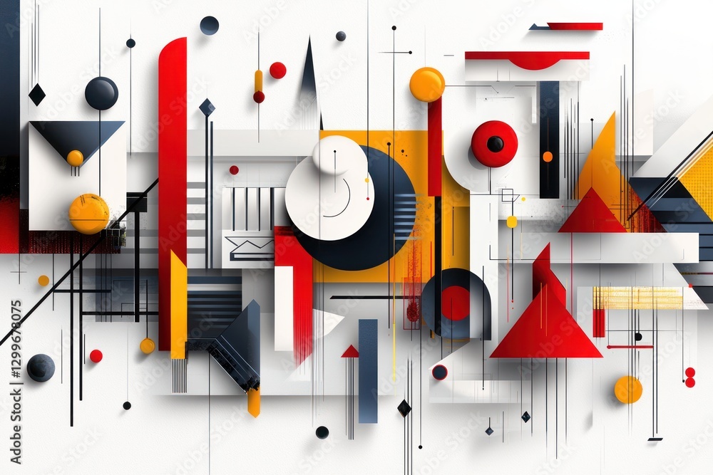 Poster geometric composition with modern abstract forms triangles and spheres in vivid colors on white inno