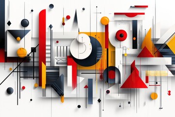Geometric composition with modern abstract forms triangles and spheres in vivid colors on white innovative and creative