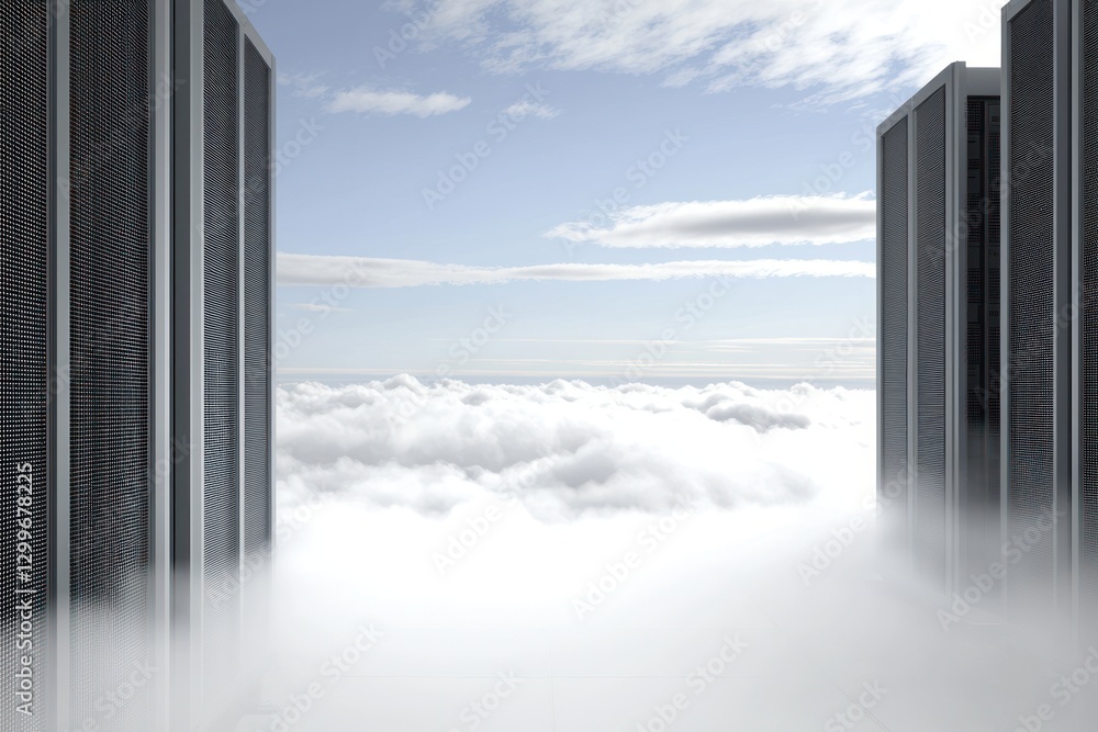 Poster surreal data center gateway to sky above fluffy clouds and light blue heaven digital landscape