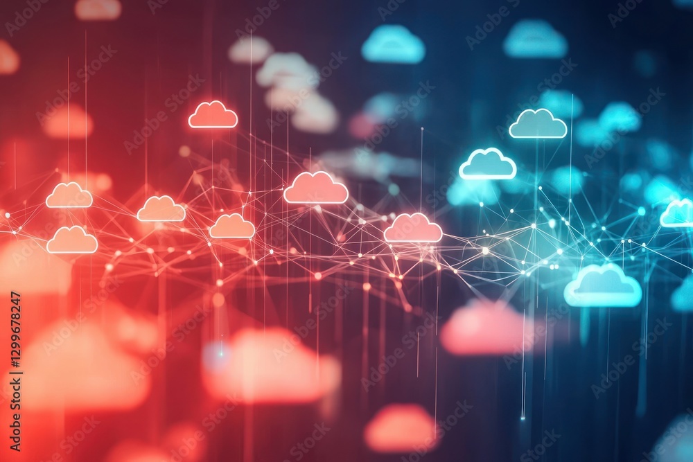 Poster Digital cloud network connects data in a blue and red abstract cloud computing network, with modern style.