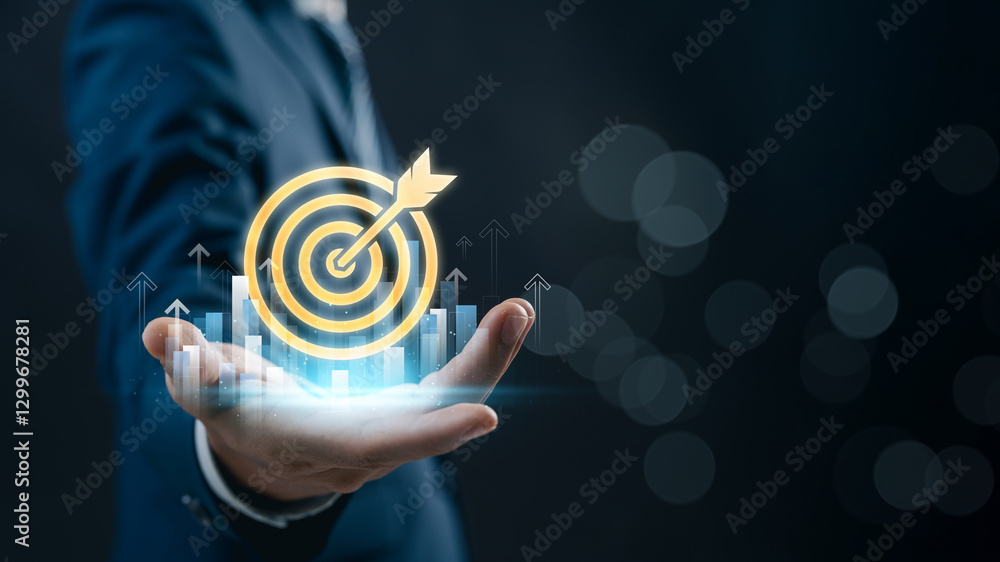 Poster business goal setting and success strategy. businessman with glowing target with with financial grow
