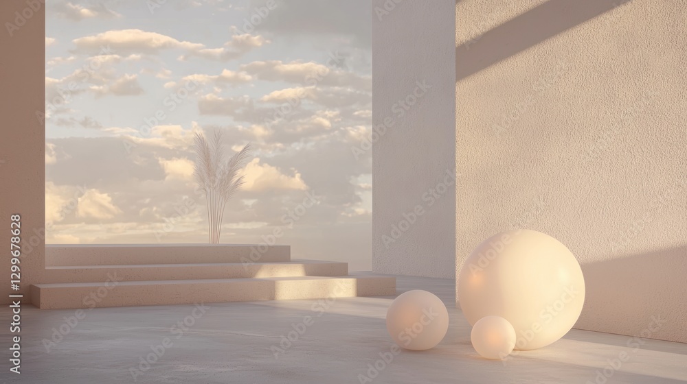 Aufkleber Serene scene of abstract architecture in soft light with spheres and pampas grass against a cloudy sky