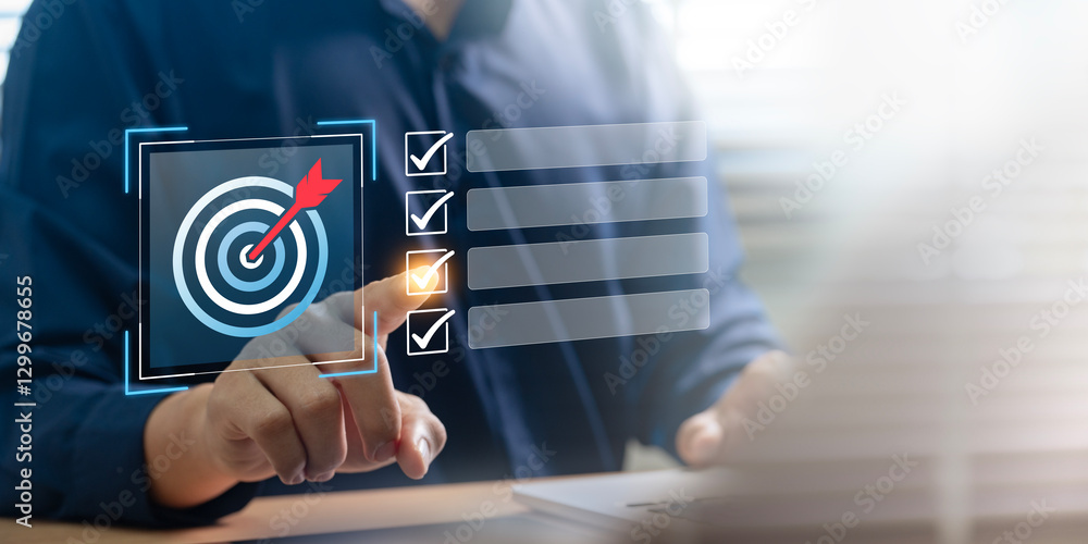 Poster business goal setting and task management. professional interacts with a digital checklist and targe