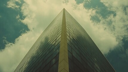 Low angle shot of a tall building reaching towards the sky with cloud cover