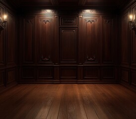 Dark wood paneled room interior.