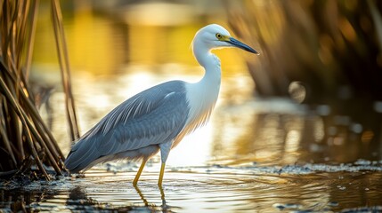 Naklejka premium Graceful egret wading in sunlit wetlands.