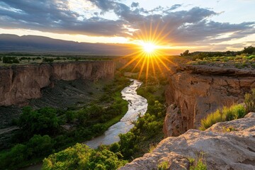 Rio Grande Gorge at Dusk Serene River Flowing through a Deep Canyon with Majestic Cliffs and Golden Sunlight in New Mexico
