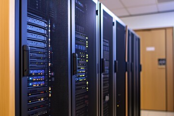 Data center server room with equipment for information technology network connection and hardware infrastructure