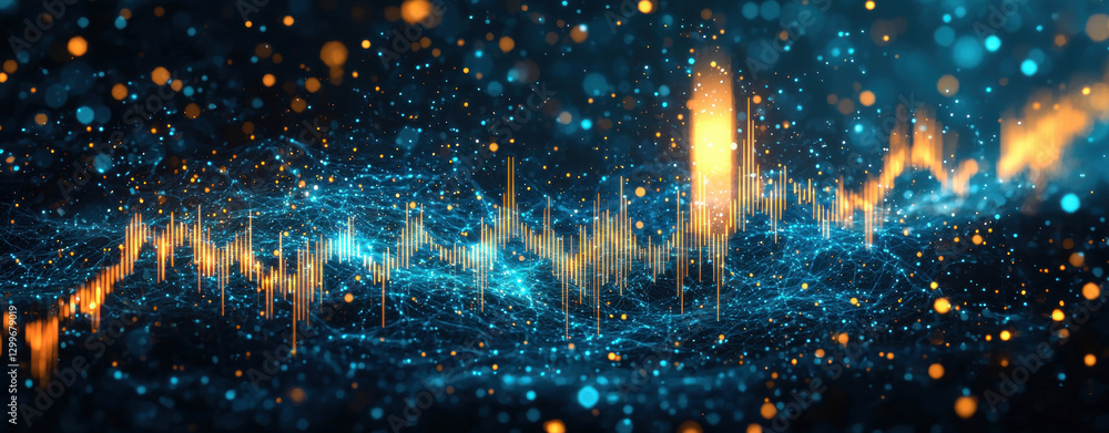 Aufkleber vibrant digital sound wave visualization with glowing particles and lights, representing audio frequ