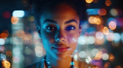 A closeup of a participants illuminated face as they present to a virtual audience. The webcam captures their enthusiastic gestures and clear diction while a colorful digital backdrop