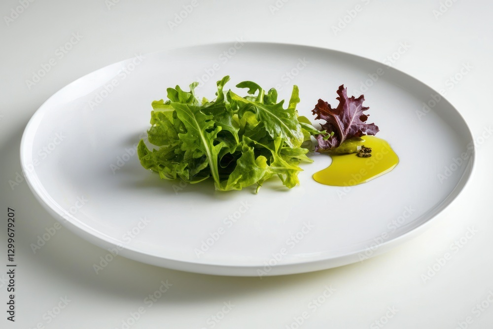 Poster fresh arugula and red leaf lettuce on a white plate in a minimalist setting captures healthy eating