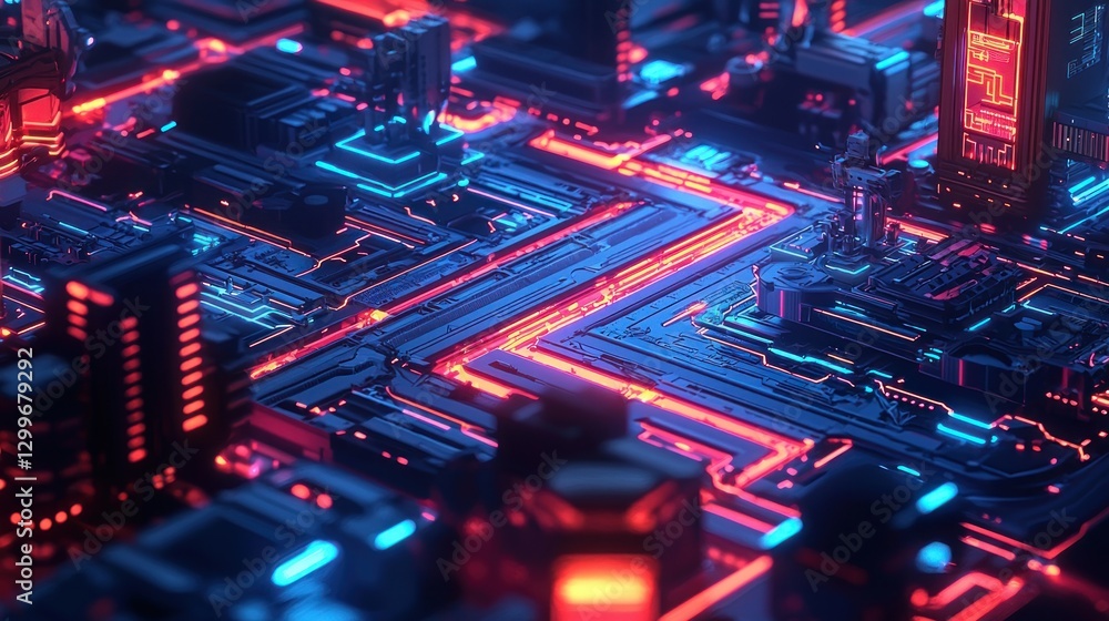 Poster Futuristic motherboard with complex circuit architecture against the dark blackground high resolution