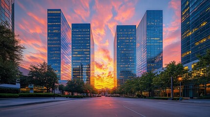 Fototapeta premium Urban Sunset: Four Skyscrapers Frame a Fiery Sky Over a City Street