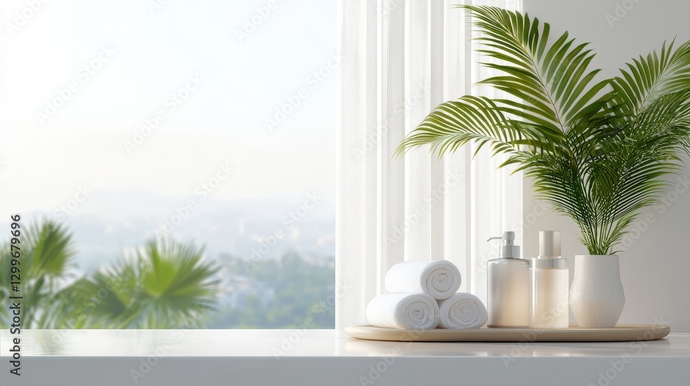 Poster elegant bathroom featuring a stylish plant and soft towels creating a relaxing and inviting spa-like