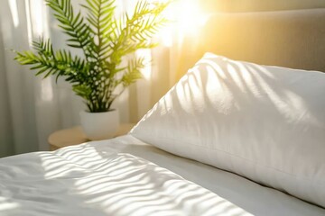 Obraz premium Morning sunlight illuminating a cozy bedroom plant and pillow arrangement casting shadows on the white linen