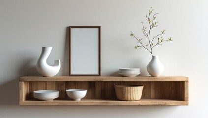Empty frame mockup on small wooden shelf with decorative objects, poster frame mockup design, mockup frame