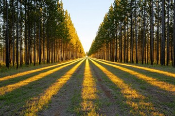 Naklejka premium Scenic path amid dense trees at golden sunset creating beautiful natural light rays landscape photography