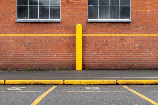 Industrial brick wall with parking lines and yellow bollard creating stark contrast and symmetry urban texture street style for architectural design