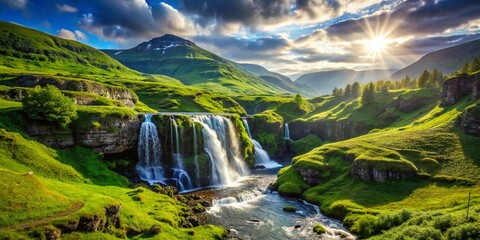 Fototapeta premium Serene Green Hills Waterfall Landscape - Stunning Nature Photography