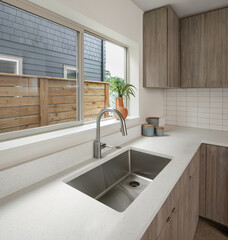 A new kitchen in a home in Portland, Oregon. Pictured is the faucet and kitchen sink next to a large window.