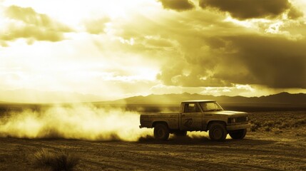 Fototapeta premium Truck Racing through Dusty Desert Terrain