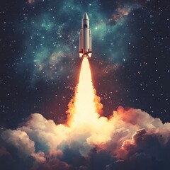 Rocket Launch in Cosmic Space Scene