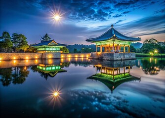 Obraz premium Serene Night: Double Exposure of Anapji & Wolji Ponds, Gyeongju, South Korea