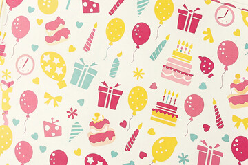 Festive birthday party pattern with pastel-colored balloons, cakes, gifts, and candles on a cream background.