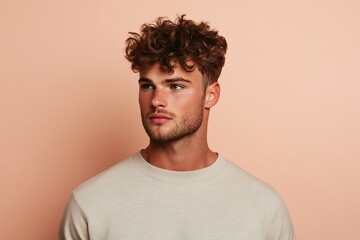 Fototapeta premium Stylish man beige pink soft-focus background