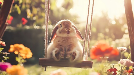 A cute rabbit sitting on a swing surrounded by blooming flowers in a sunlit garden, creating a serene and joyful atmosphere