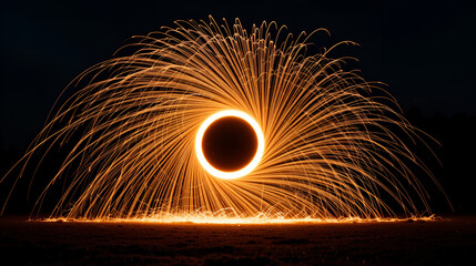 Iron wool circle drawing light fireworks. Burning Steel Wool spinning, Trajectories of burning sparks at night. Movement light effect, steel wool fire hoop. long exposure light painting, Pyrotechnic