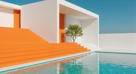 Fototapeta premium Modern White Architecture With Orange Staircase And Turquoise Pool