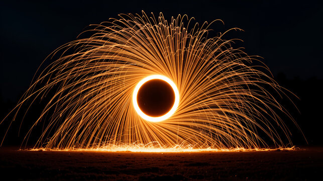 Iron wool circle drawing light fireworks. Burning Steel Wool spinning, Trajectories of burning sparks at night. Movement light effect, steel wool fire hoop. long exposure light painting, Pyrotechnic - Powered by Adobe