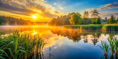 Obraz premium Serene Sunrise Lake: Reeds, Trees, Calm Water - Stock Photo