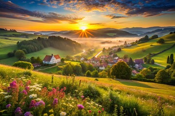 Fototapeta premium Serene Sunrise Landscape: Rolling Hills and Wildflowers near a French Countryside Village