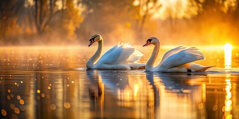Fototapeta premium Serene Sunrise Swans: Graceful Birds on Calm Lake Aerial View