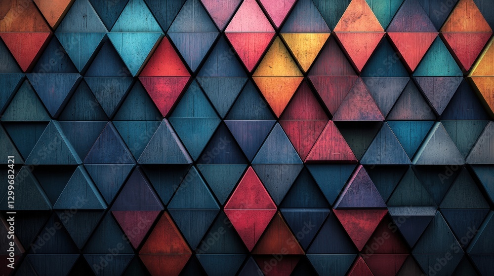 Poster a colorful wall composed of geometric triangles showcasing a beautiful array of bright hues and crea