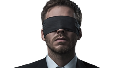 Blindfolded businessman isolated, symbolizing challenge, risk, and missed opportunities, perfect for conveying fear, failure, and blind decision-making.