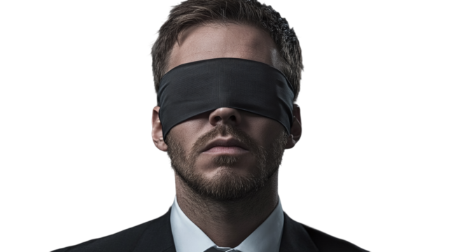 Blindfolded businessman isolated, symbolizing challenge, risk, and missed opportunities, perfect for conveying fear, failure, and blind decision-making.