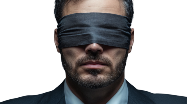 Blindfolded businessman isolated, symbolizing challenge, risk, and missed opportunities, perfect for conveying fear, failure, and blind decision-making.