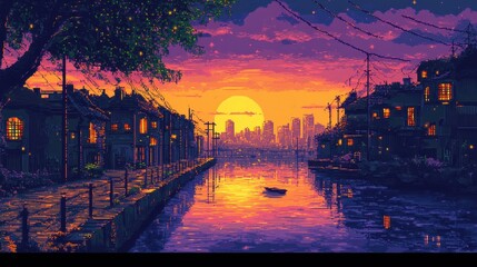 Pixel Art Sunset Cityscape  Canal  Boats  Buildings