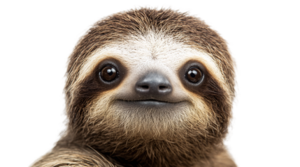 Funny sloth face isolated, with brown fur and a cute, lazy expression, perfect for showcasing adorable, tropical wildlife or exotic pet animals.