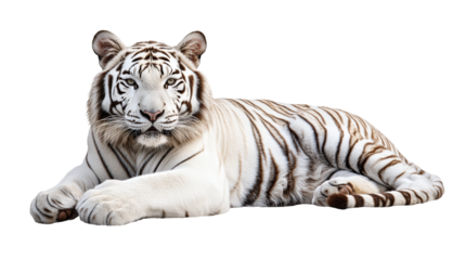 Large white tiger with black stripes isolated, showcasing the majestic and powerful predator, ideal for wildlife conservation, nature photography, or big cat themes.