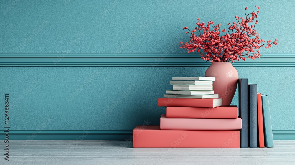 Poster elegant vase of flowers positioned on a stack of books creating a charming decorative element in a l