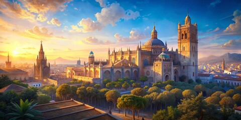 Fototapeta premium Seville Cathedral & Ancient Walls, Andalusian Sunlit Landscape, Spain